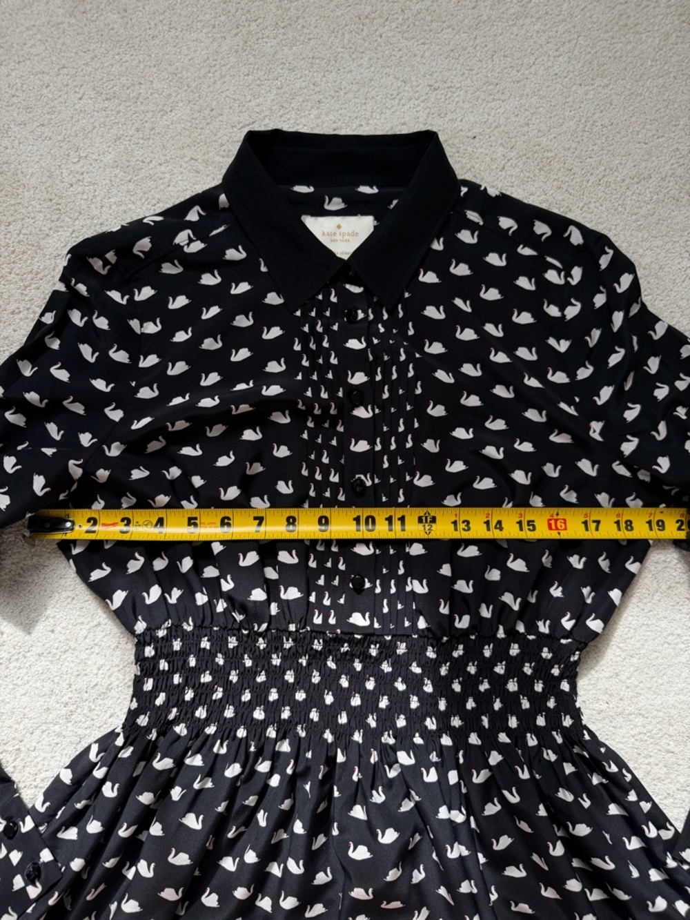 KATE SPADE Swan Print Silk Blend Shirtdress Black Size Large - Picture 14 of 16